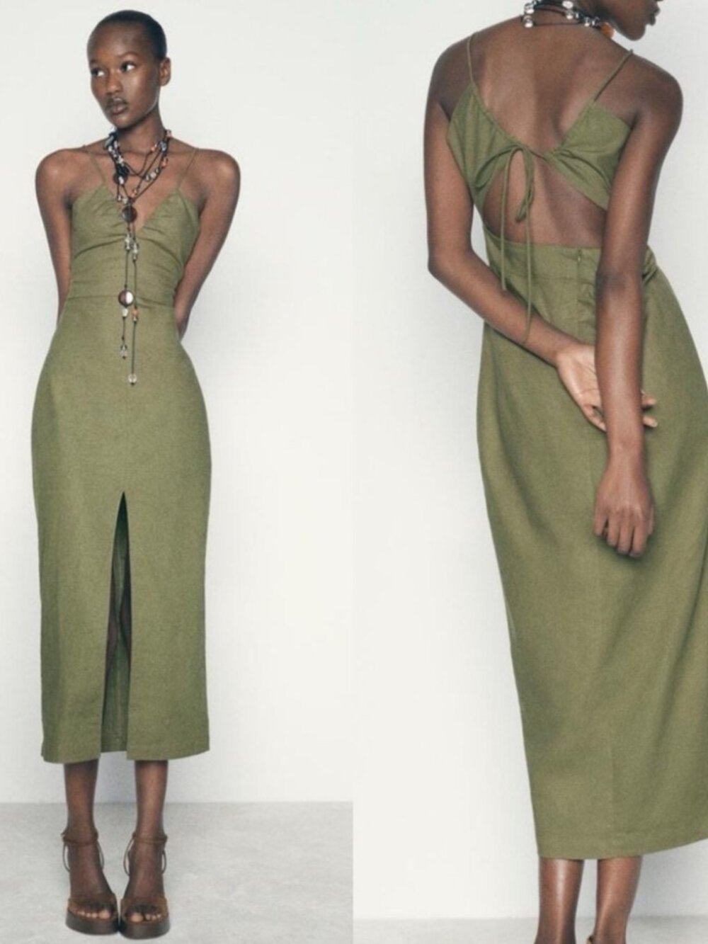 Zara Linen Blend Olive Green Midi Dress